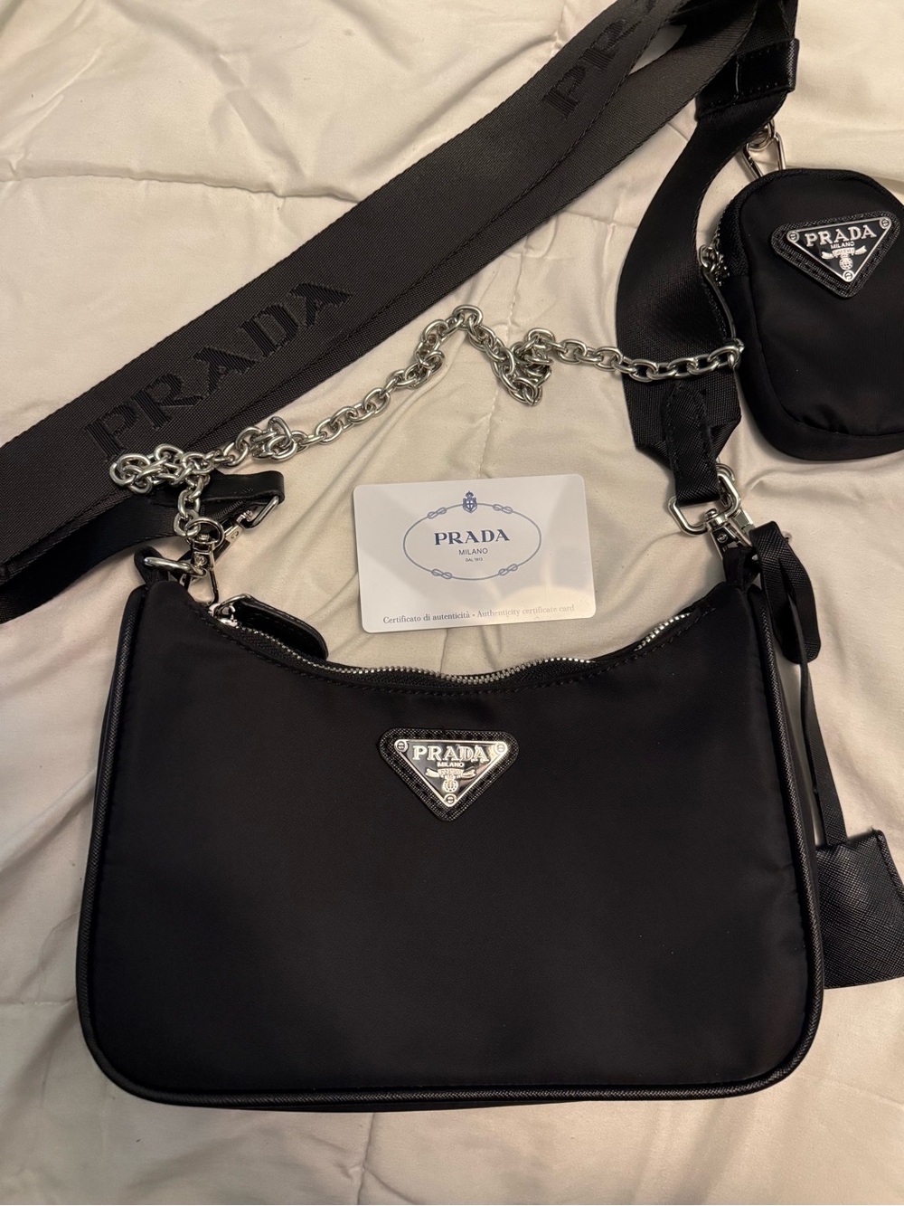 Prada Black Nylon Shoulder Bag with Chain and Logo Strap